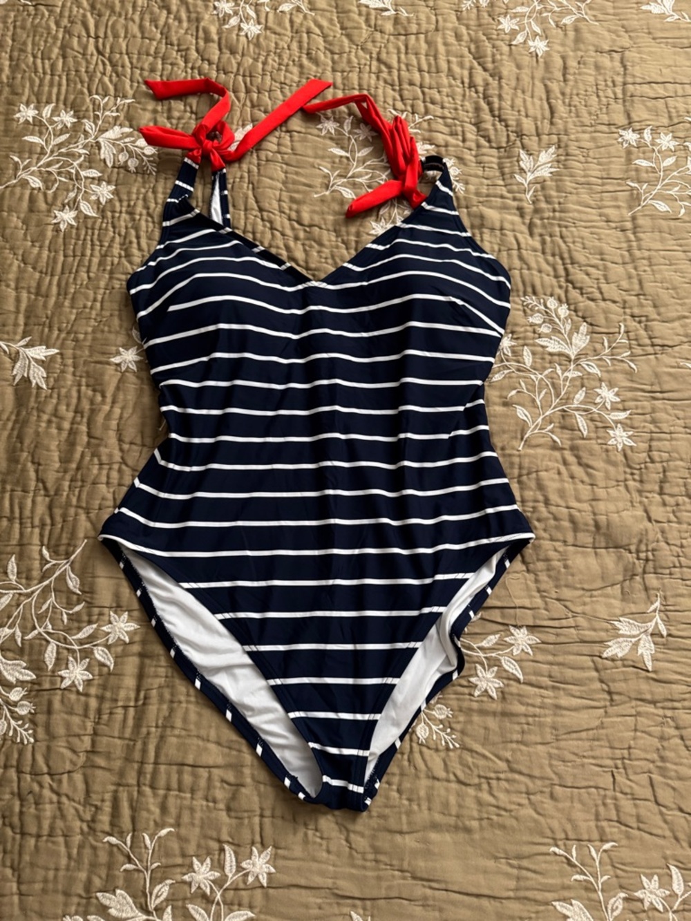 LOFT Navy and White Striped One-Piece Swimsuit with Red Ties - NEVER WORN